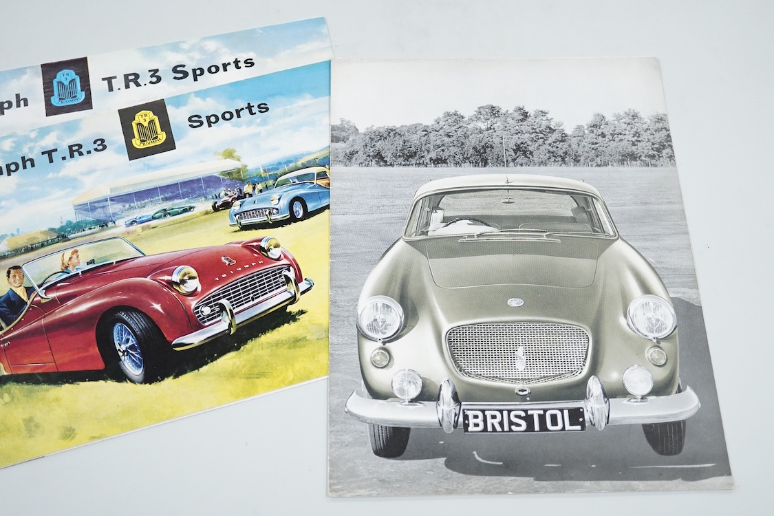 Four 1950s and 1960s motor car manufacturer’s brochures; the Bristol, the Austin Healey Sprite Mk.II (produced 1961-64), and two Triumph T.R.3 Sports (produced 1955-1962)